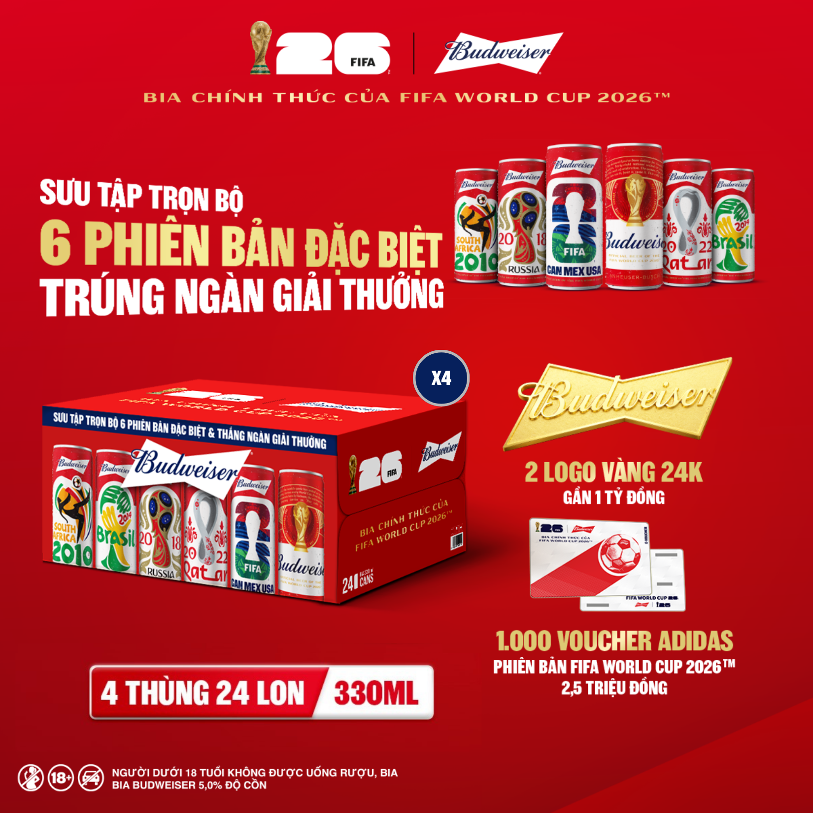 Combo 4 Thùng 24 Lon Bia Budweiser Chính Hãng (330ml/ lon)