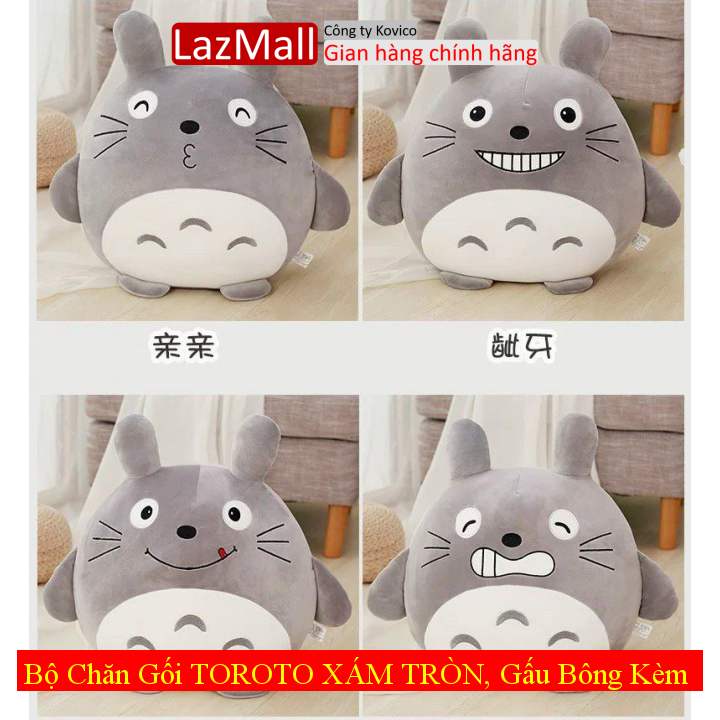 Bộ chăn gối toroto xám tròn, gấu bông kèm chăn , gối ngủ trưa văn phòng, chăn gối văn phòng siêu dễ thương