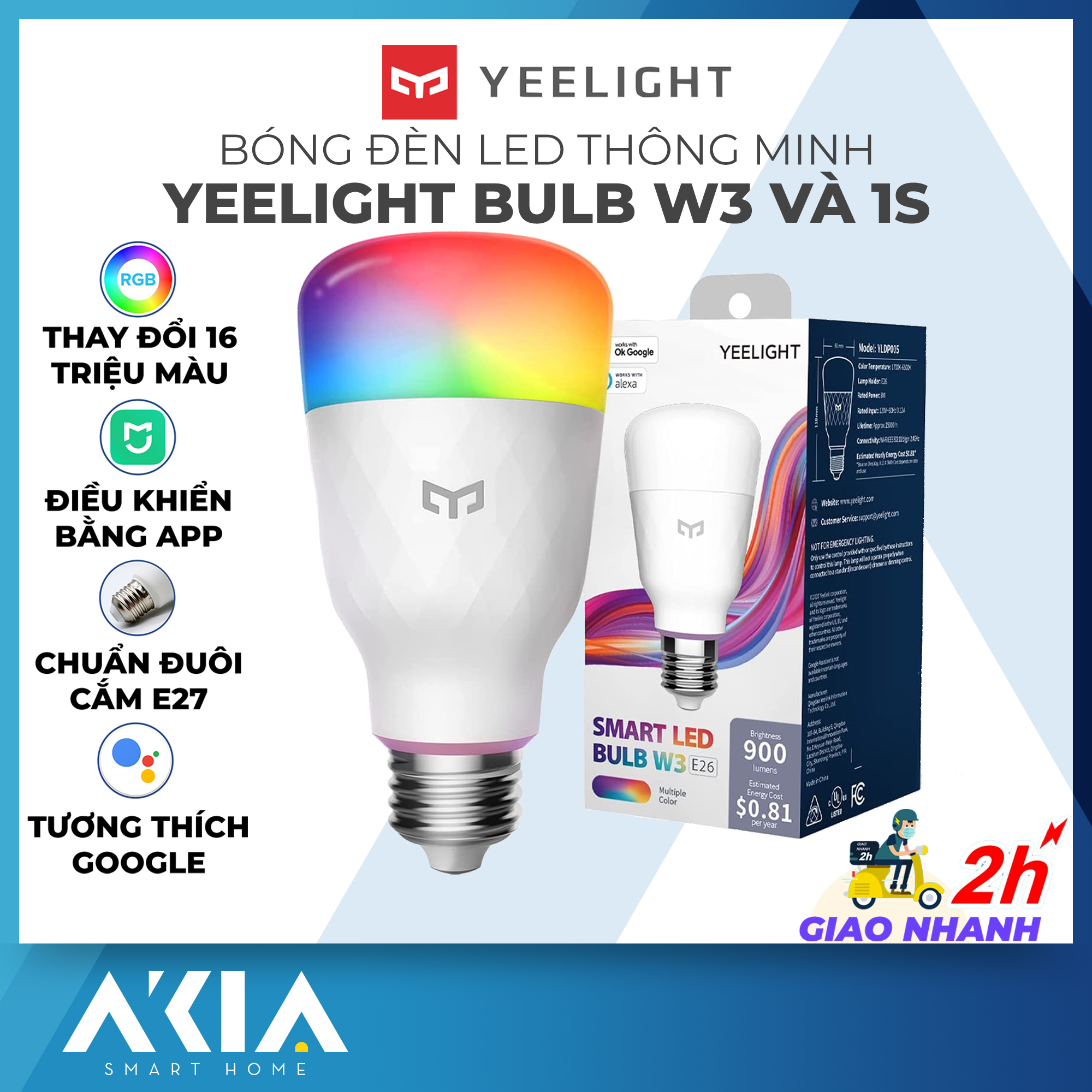 Bóng đèn thông minh Yeelight Smart Bulb W3 phiên bản 2021 - 16 triệu màu, điều khiển qua app và giọng nói - Công suất 8W tiết kiệm điện - Chui đèn E27 dễ tháo lắp - Bảo hành chính hãng 12 tháng