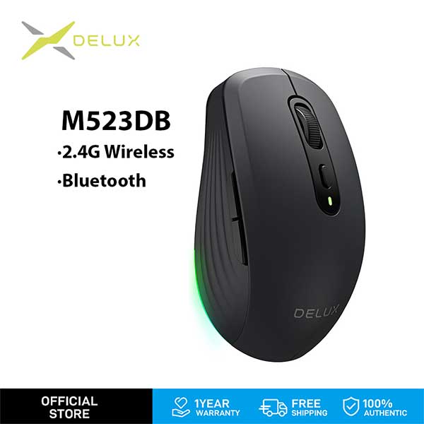 Delux chuột quang không dây 2.4g bộ thu bluetooth 6 nút có đèn led có thể sạc lại cho máy tính và máy tính xách tay