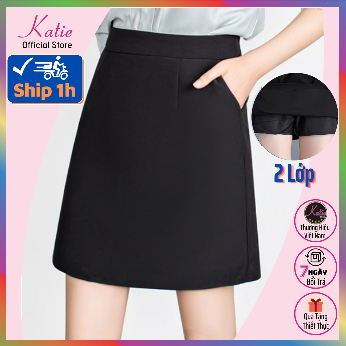 Chân Váy Chữ A Công Sở Đen Lưng Cao Katie Chân Váy A Lót Quần Trong Chiều Dài 45cm Váy A 2 Túi Chất Tuyết Mưa Cv.a45