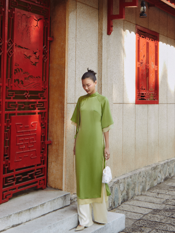 Coco sin - set áo dài lụa satin xanh mạ