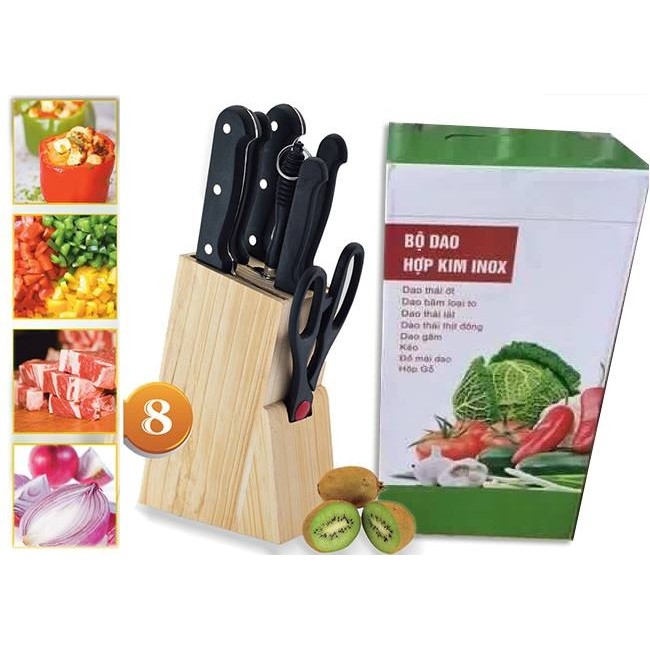 Bộ dao kéo hợp kim Inox 7 món đa năng + Tặng kèm hộp khay gỗ
