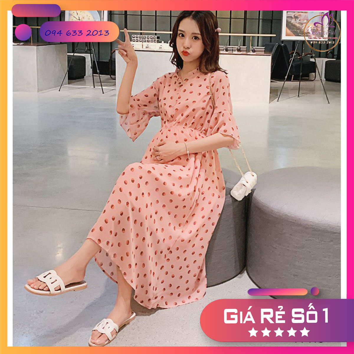 Váy Bầu Mùa Hè - váy bầu quảng châu chấm bi phối khuyu cổ w115