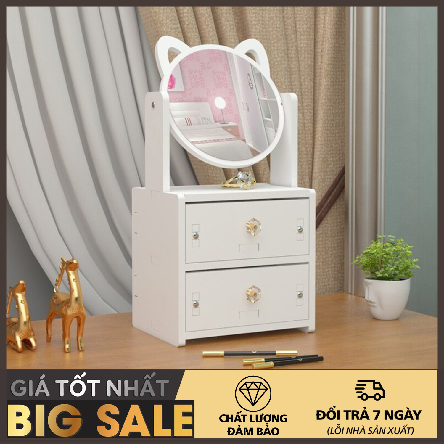 Kệ Mỹ Phẩm Loại To -Gương trang điểm để bàn- Kệ đựng mỹ phẩm- Kệ Mỹ Phẩm Đa Năng Có Ngăn Kéo - Tủ để mỹ phẩm trang điểm có gương - tủ gỗ để đồ trang điểm trang sức hình mèo 1-2 ngăn kéo (Chọn phân loại)