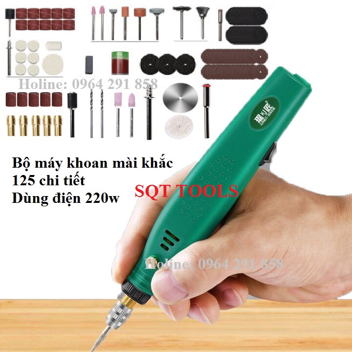 máy khoan mài cắt mini cầm tay chạy điện 220v tặng kèm bộ phụ kiện 125 chi tiết SQT TOOLS 201-105