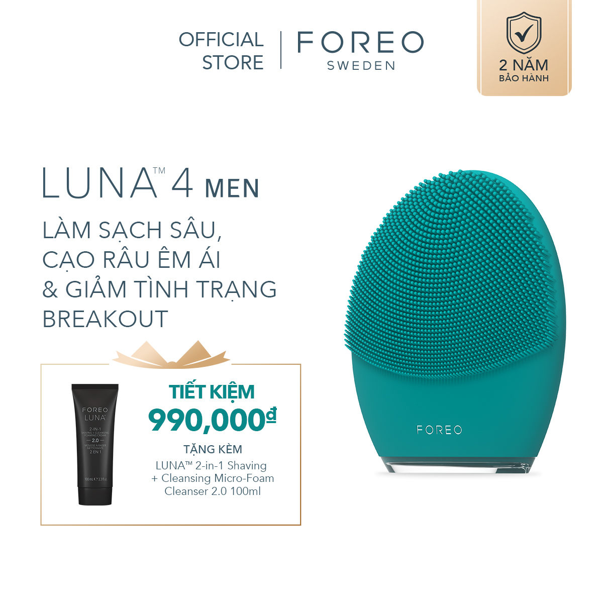 Máy rửa mặt FOREO LUNA 4 MEN cao cấp dành cho nam giới cao cấp mát-xa trẻ hoá da bằng sóng âm T-sonic