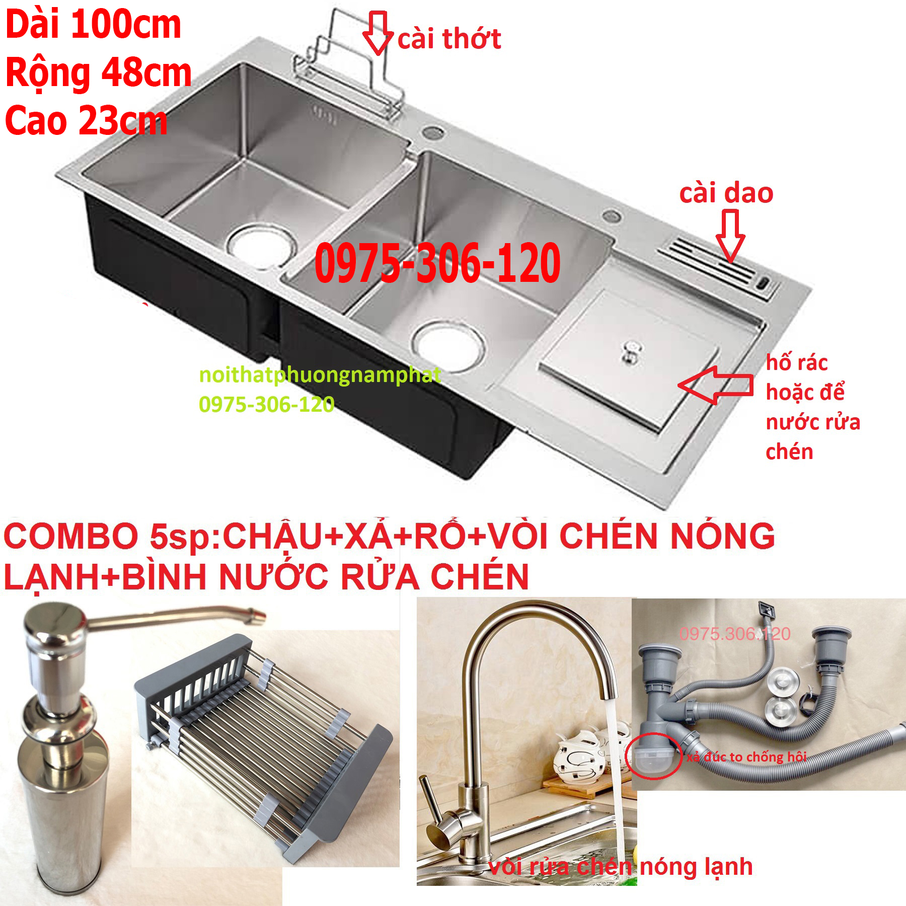 [HCM][CHẬU ĐÚC] Combo Chậu Rửa Chén Bát INOX 304 N3 10048 NA.GRAND và Xả Chậu Thoát Nước và Rổ Rút Đa Năng và Vòi Rửa Chén Nóng Lạnh và Bình Đựng Nước Rửa Chén