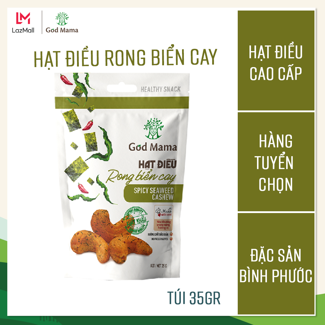 Hạt điều tẩm vị rong biển cay God Mama - 35g.  Ăn vặt tốt cho sức khỏe. Hỗ trợ giảm cân. Nguồn nguyên liệu từ Bình Phước - vườn điều ngon nhất Việt Nam.