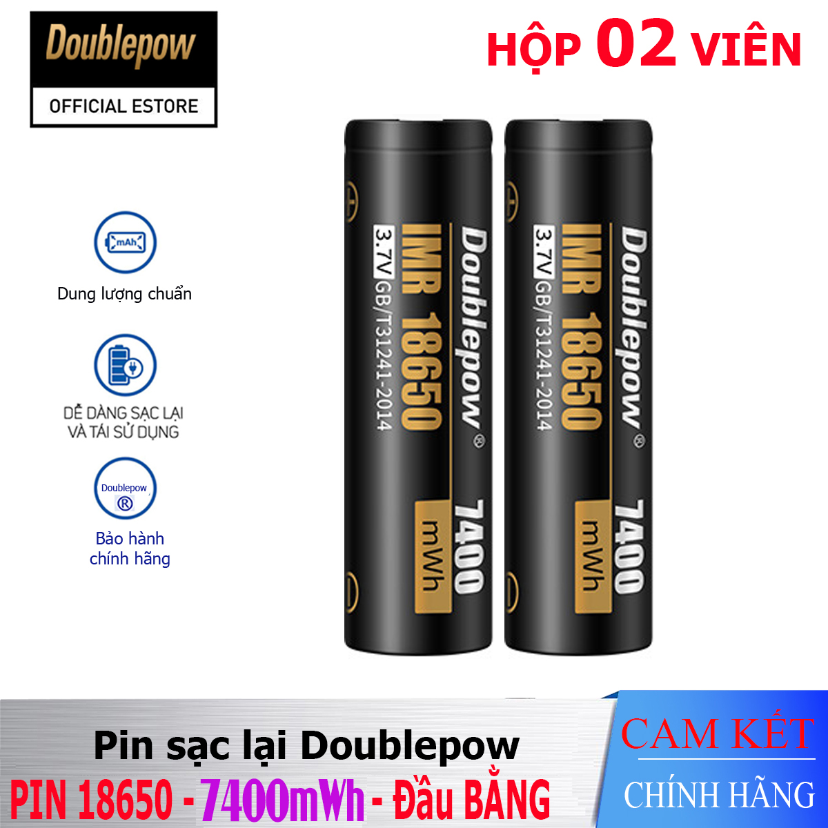 [Hộp 02 viên] Pin sạc Lithium 18650 - 7400mWh đầu bằng Doublepow, pin dung lượng thực