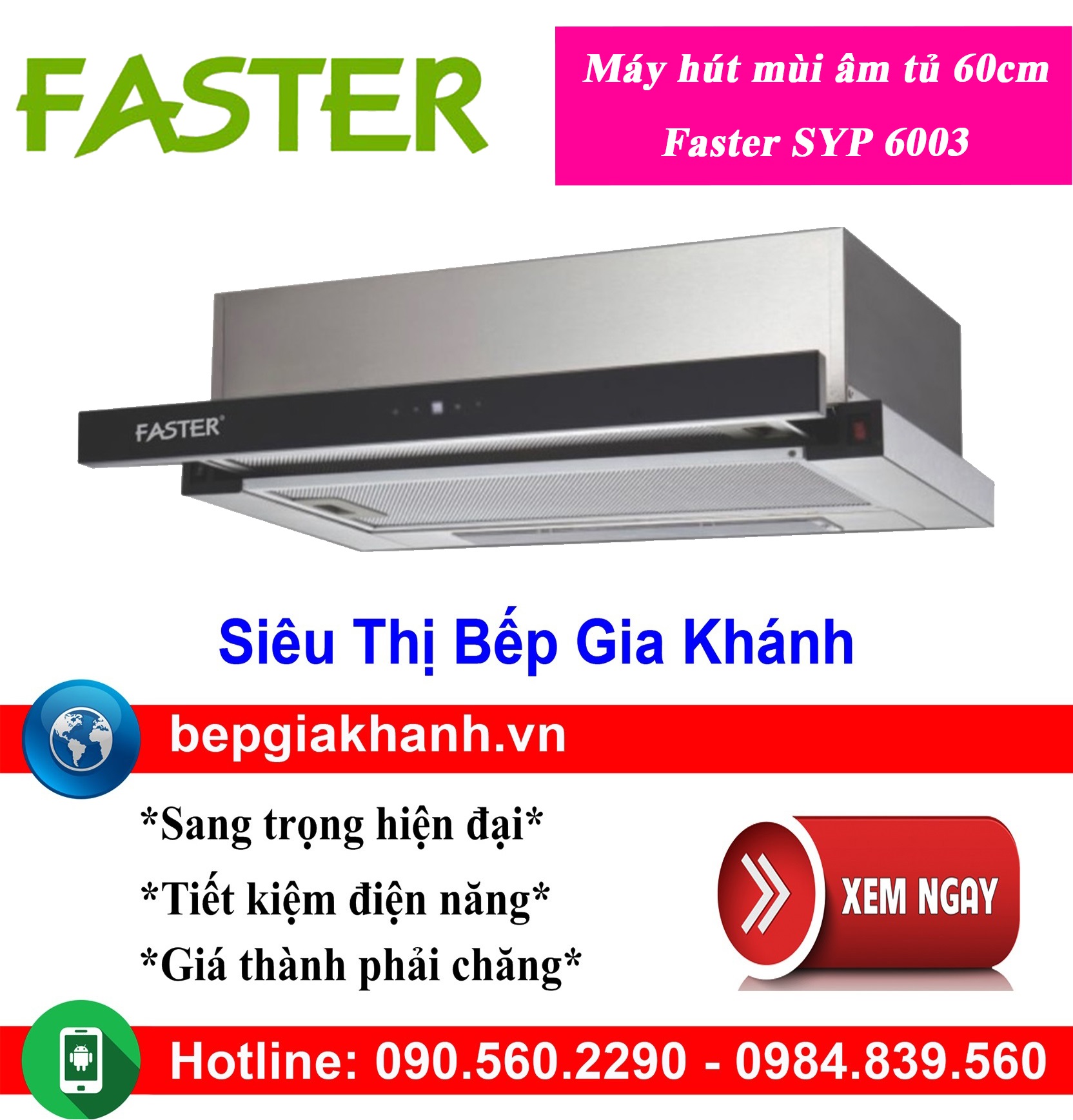 [HCM]Máy hút mùi âm tủ 60cm Faster SYP 6003, máy hút mùi nhà bếp, máy hút mùi bếp, máy hút mùi kính 