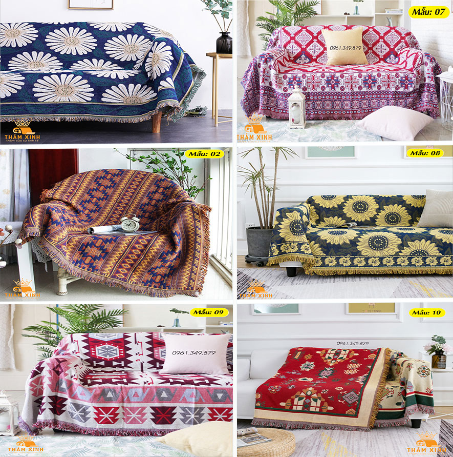 Khăn thảm phủ ghế sofa họa tiết thổ cẩm, thảm phòng khách loại 1