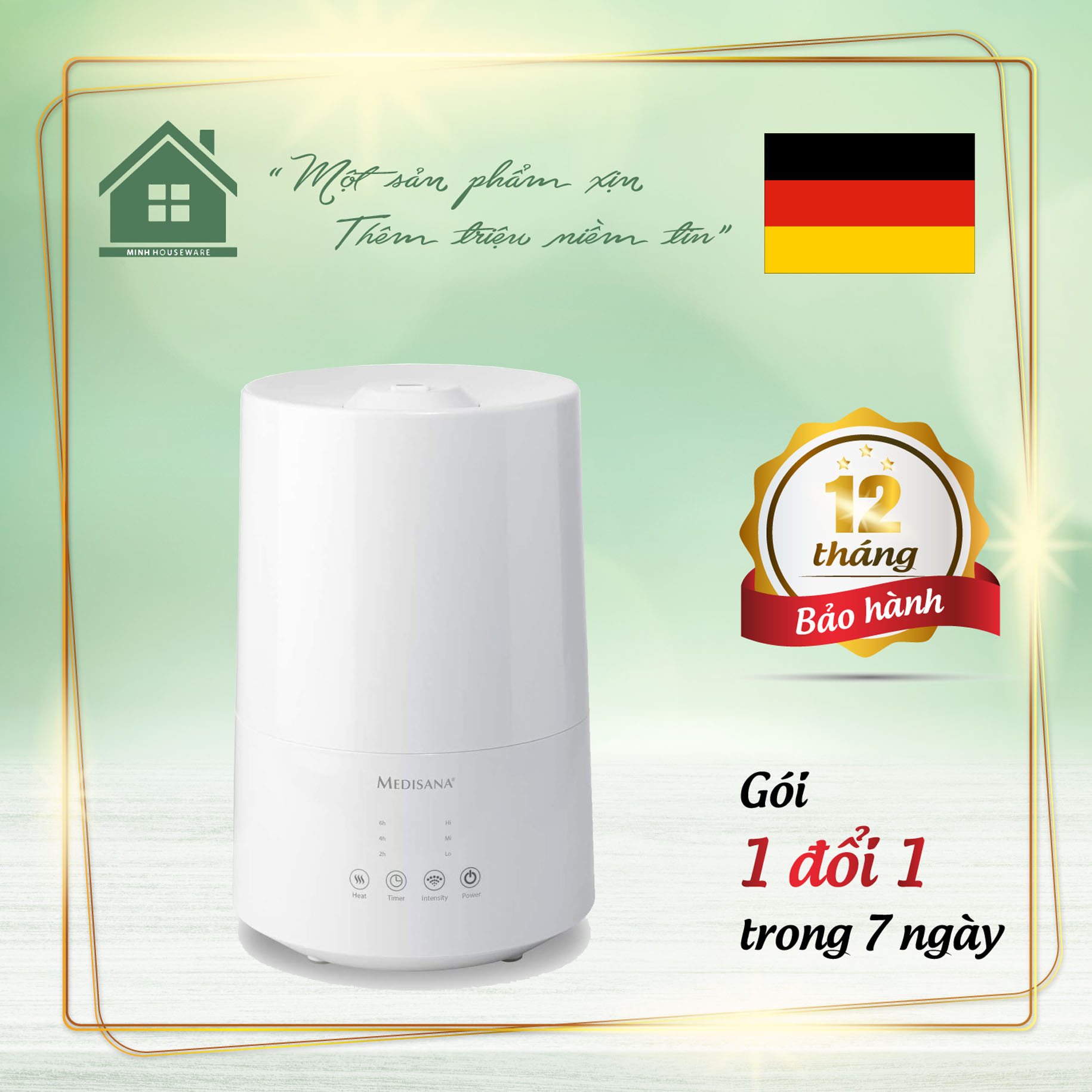Máy tạo độ ẩm và khuếch tán tinh dầu medisana ah 661 nhập khẩu đức - minh housewares tạo hạt sương siêu nhỏ giúp mùi hương nhẹ nhàng, tạo ẩm cho phòng điều hoà, dung tích 3,5l chạy tối đa 14h bảo hành 12 tháng, 1 đổi 1 trong 7 ngày nếu lỗi nsx