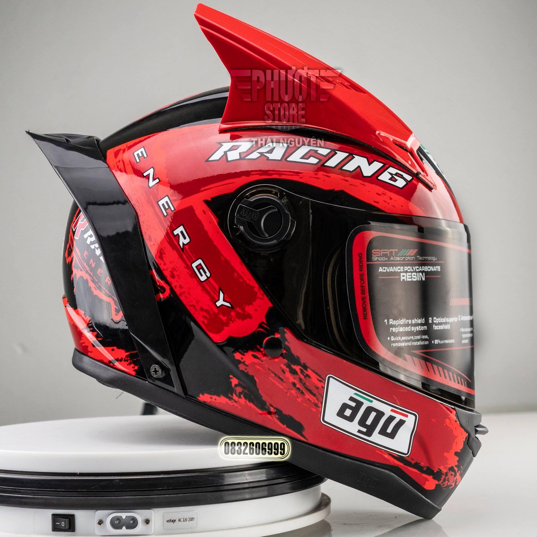Nón Fullface AGU tem RACING Đỏ, gắn sừng và đuôi gió, tặng kèm túi đựng nón
