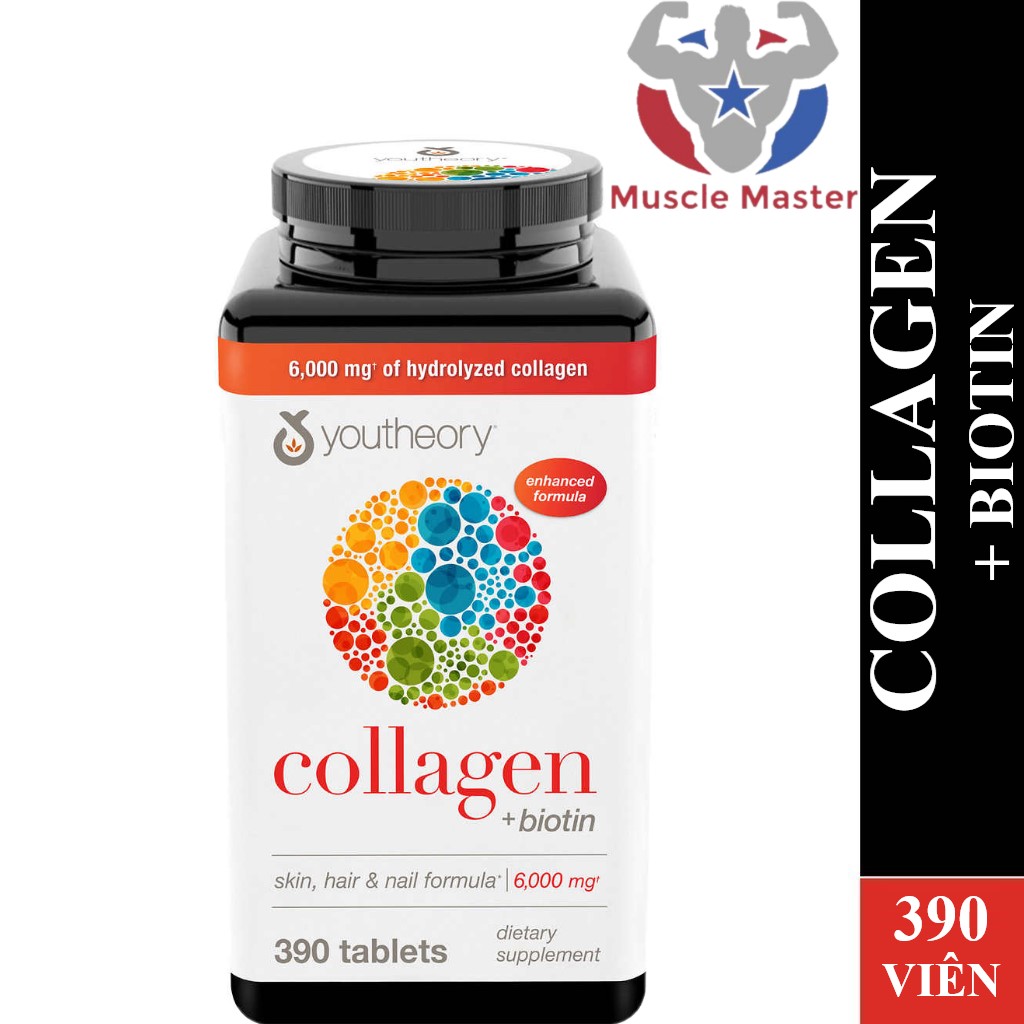Viên Bổ Sung Collagen + Biotin Đẹp Da Tóc Móng Youtheory Collagen + Biotin 390 Viên
