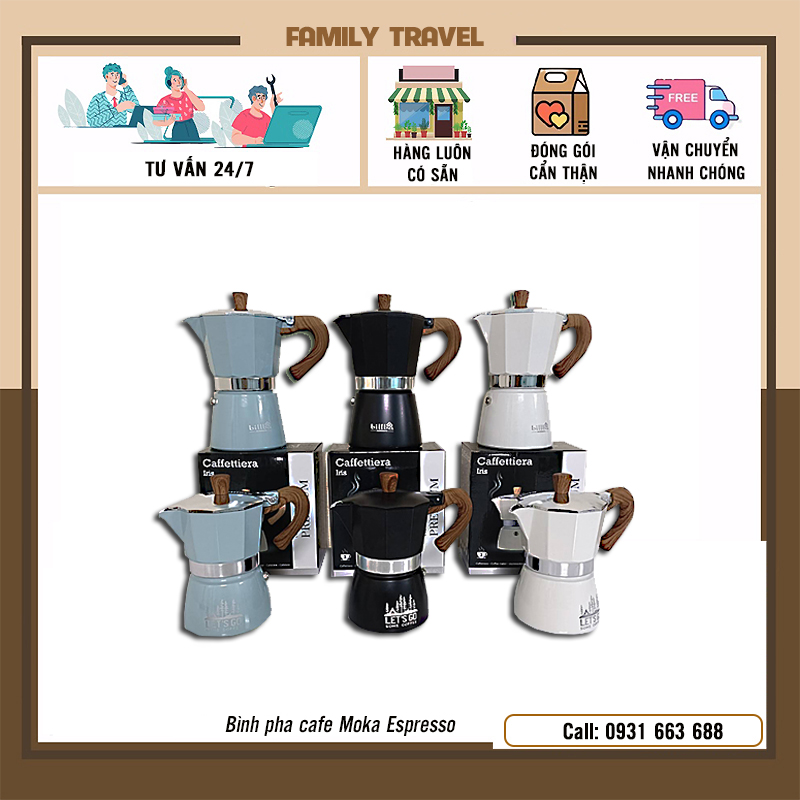 Ấm pha cà phê Moka Pot bằng nhôm kiểu Ý- Bình pha cafe Moka Espresso tại nhà tiện lợi dã ngoại, cắm trại - Family Travel