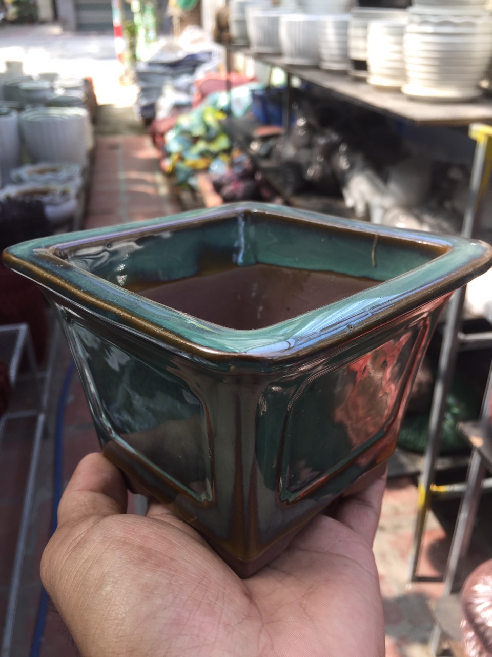 Chậu gốm sứ cao cấp men xanh lục size nhỏ mini trồng cây bonsai để bàn-kiểu vuông rộng 12.5 cao 9 cm