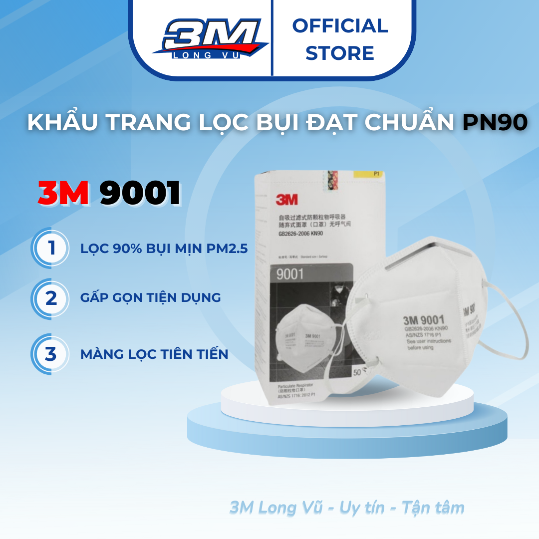 Khẩu trang y tế 3M 9001 Kháng khuẩn, lọc 90% bụi mịn PM2.5 và khí thải chuẩn N90 - Sản phẩm chính hãng 3M phân phối bởi 3M Long Vu