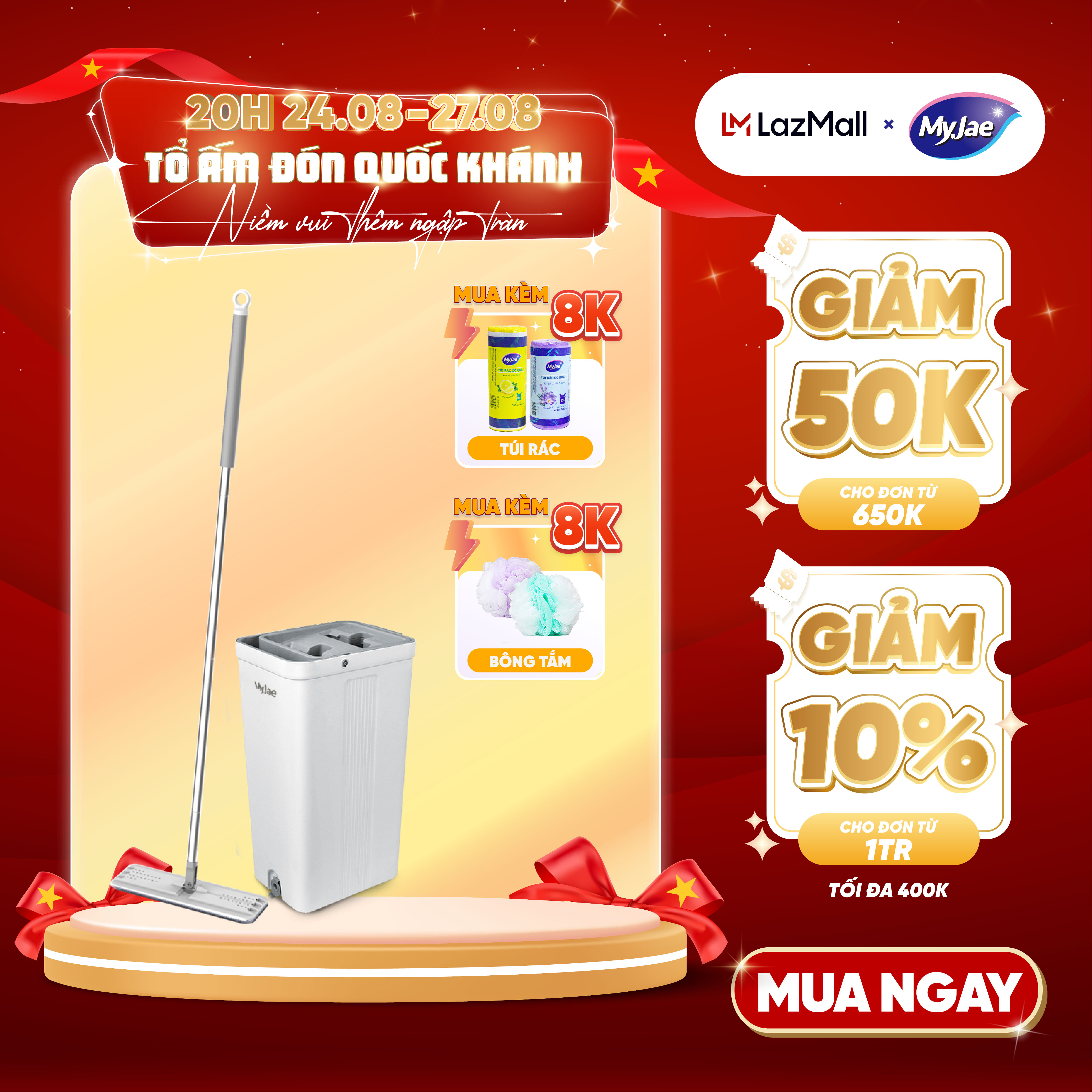 Cây lau nhà tự vắt kèm thùng 2 ngăn xoay 360 độ thông minh lau sạch nhanh khô MyJae Đài Loan