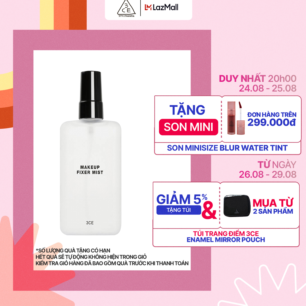 Xịt cố định lớp trang điểm không nhũ 3ce makeup fixer mist 100ml