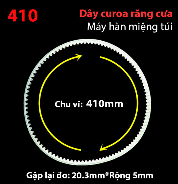 Dây curoa 410mm, dây đai 410mm cho máy hàn miệng túi liên tục