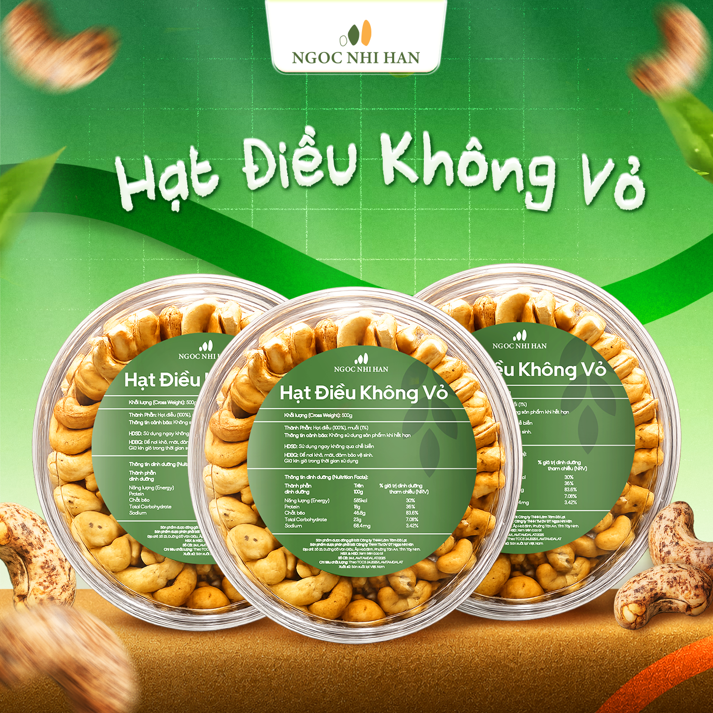 Hạt Điều Không Vỏ Ngọc Nhi Hân Hộp Nhựa 500g - Hạt Điều Nhân Béo Bùi, Giòn Thơm, Ăn Vặt Tiện Lợi