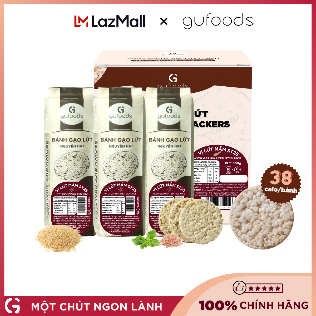Bánh gạo lứt GUfoods - Không chiên dầu, Không đường, Từ gạo và ngũ cốc nguyên hạt, Lành mạnh, Phù hợp Eat clean, Ăn vặt healthy, Thực dưỡng, Tập gym, Thuần chay, Đa dạng hương vị