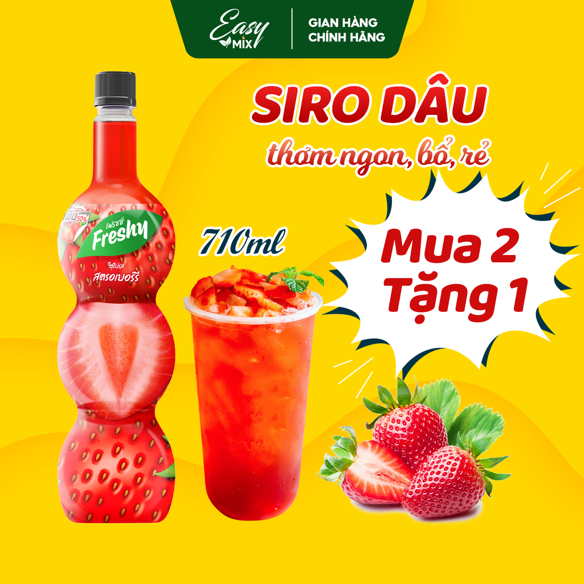 Siro Dâu Tây Freshy Strawberry Syrup Nguyên Liệu Pha Chế Trà Sữa Chai 710ml