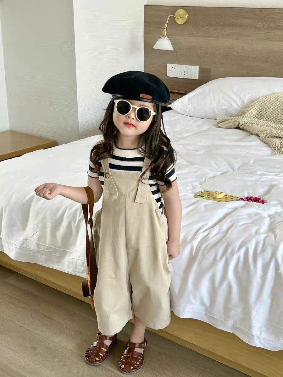 Sét yếm quần kaki áo kẻ cho bé gái 10-28kg