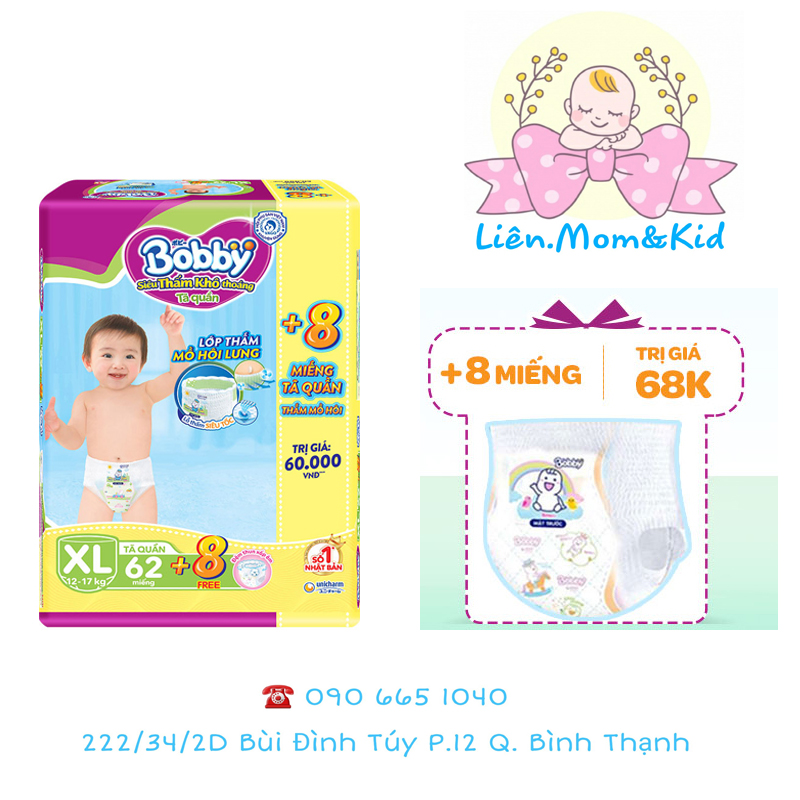 [HCM][Tặng 8 miếng] Tã/bỉm quần Bobby đệm lưng thấm mồ hôi XL62 - 62 miếng (12-17kg)