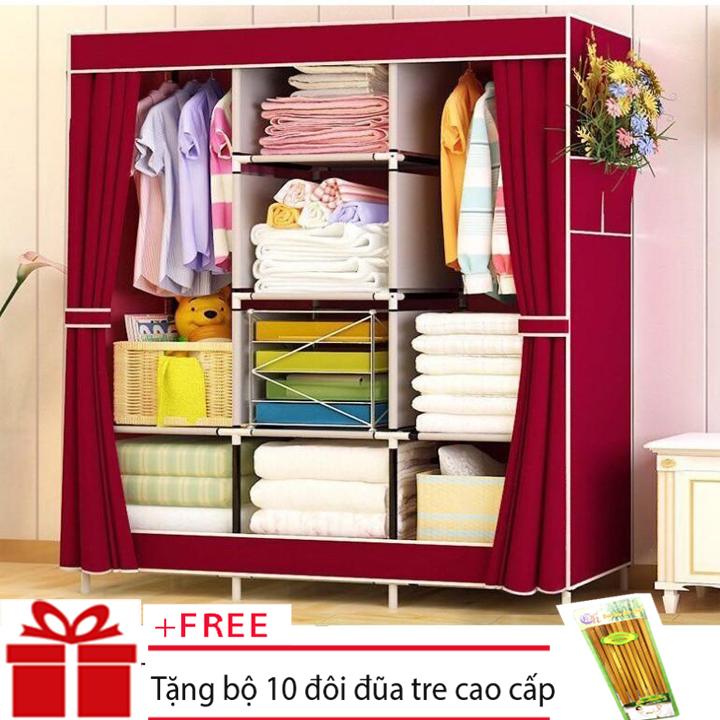 Tủ vải đựng quần áo gia đình, tủ vải quần áo, tủ vải treo quần áo - tủ vải lắp ghép xếp gọn cực tiện dụng - tủ vải đựng quần áo 3 buồng 8 ngăn cao cấp + tặng bộ 10 đôi đũa tre đẹp