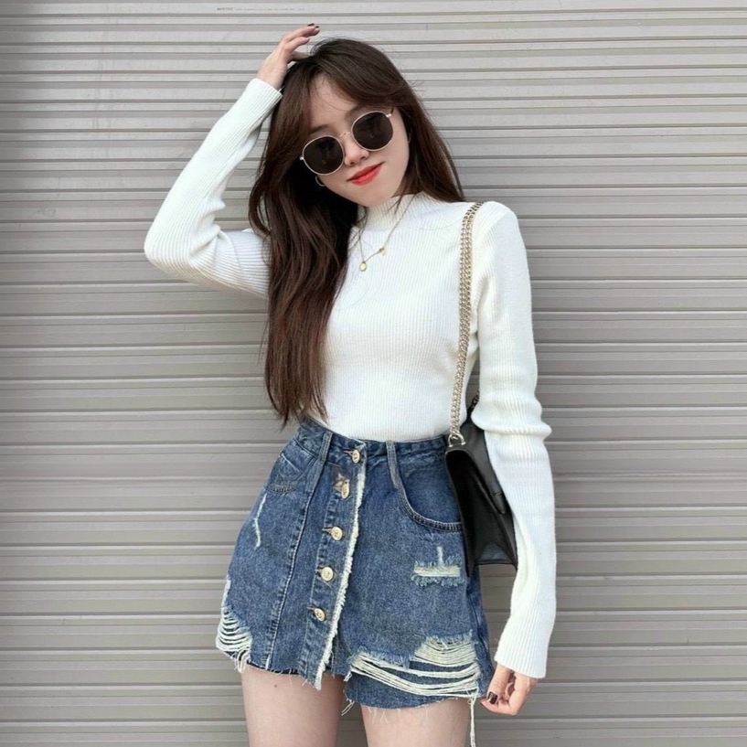 Chân váy jeans rách nữ dáng chữ a dáng ngắn fullsize - váy bò nữ cạp cao hàng cúc giữa hot hit z036