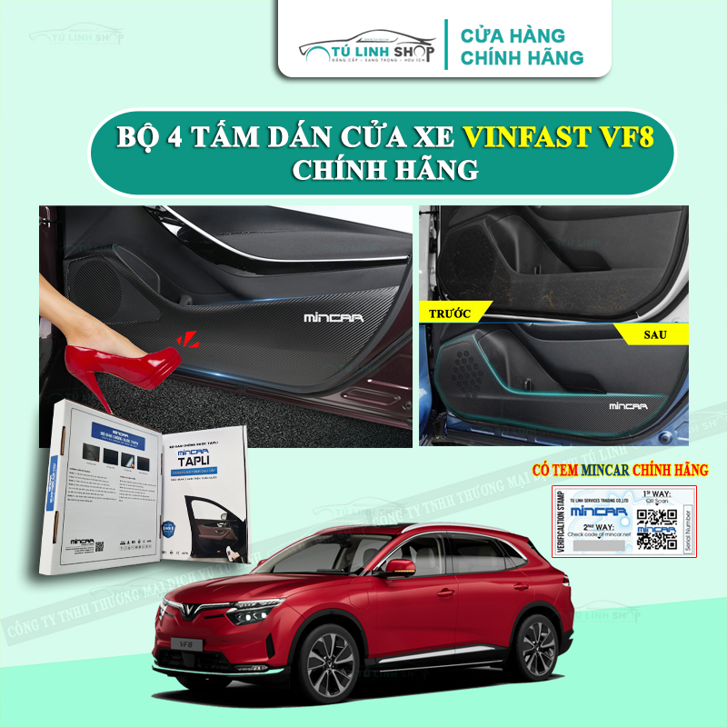 Bộ 4 Tấm dán Tapli xe VINFAST VF8 chính hãng MINCAR chống trầy xước cửa xe, chống xước tapi cửa ô tô bằng Carbon Air Fiber cao cấp