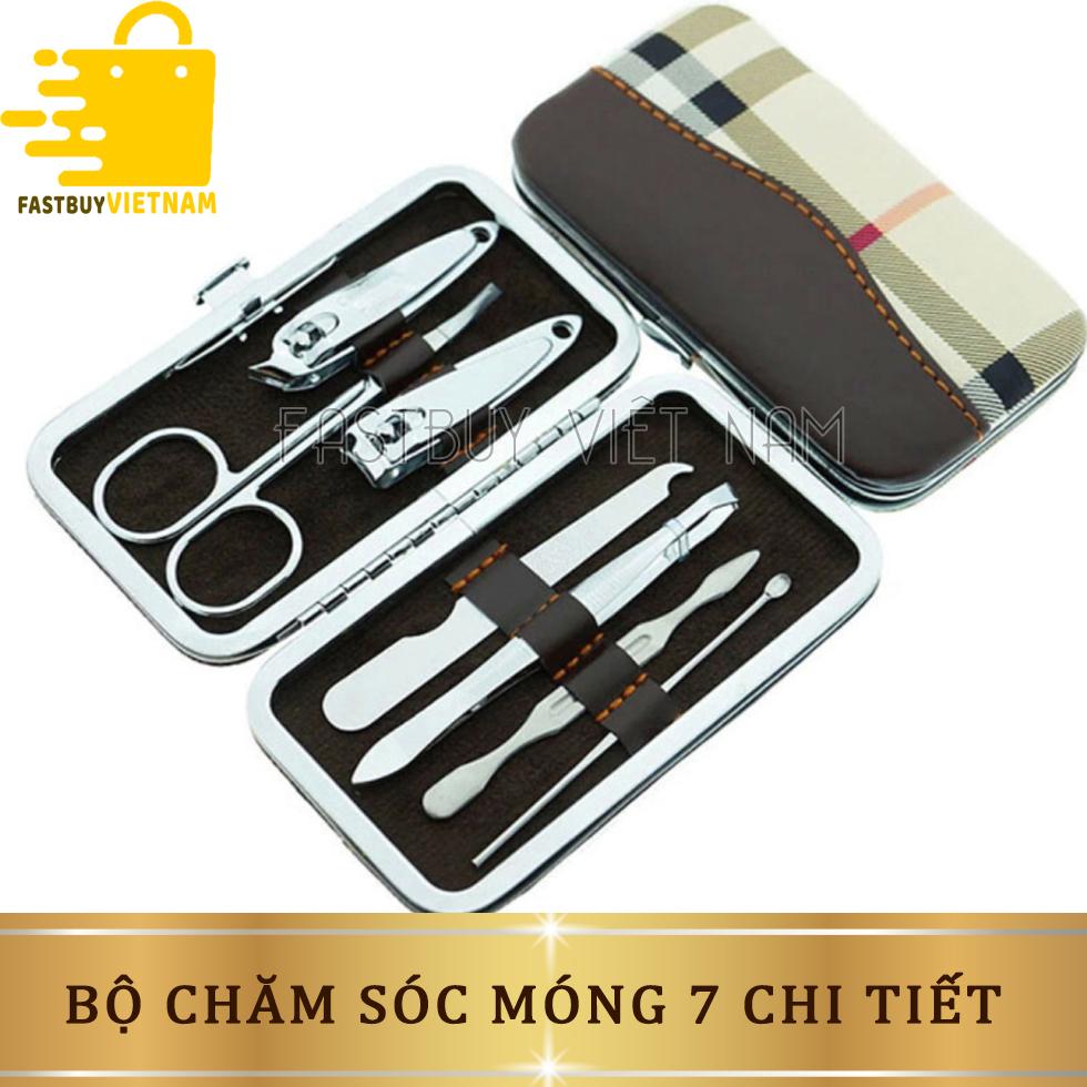 Bộ dụng cụ làm móng 7 món đa năng chất liệu thép không gỉ hộp kim loại bọc giả da nhỏ gọn mang đi du lịch, đi công tác