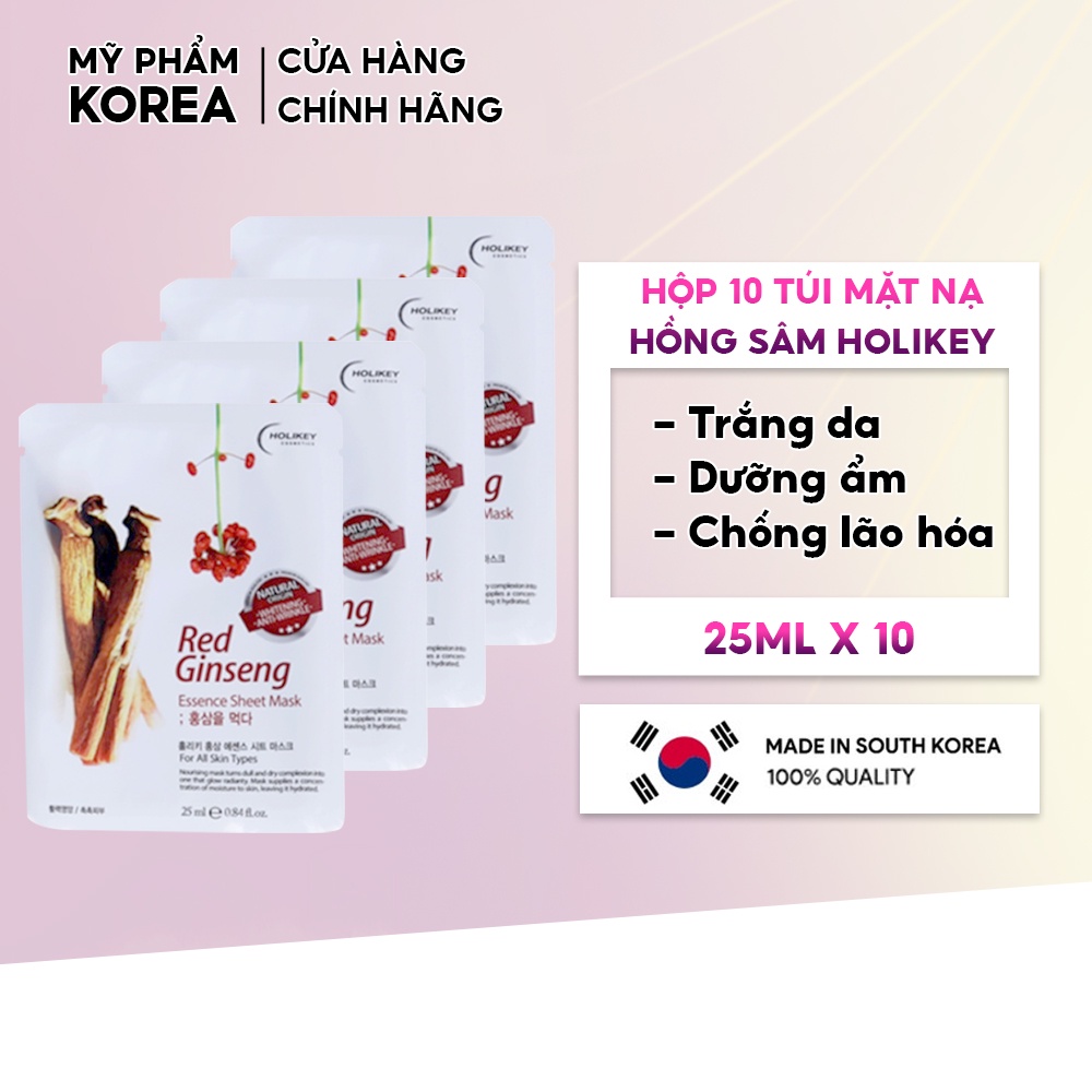 Hộp 10 Túi Mặt nạ giấy dưỡng da Hồng Sâm trẻ hóa làn da & cấp ẩm Holikey Hàn Quốc 25mlx10 giúp da mềm mại trắng sáng hơn
