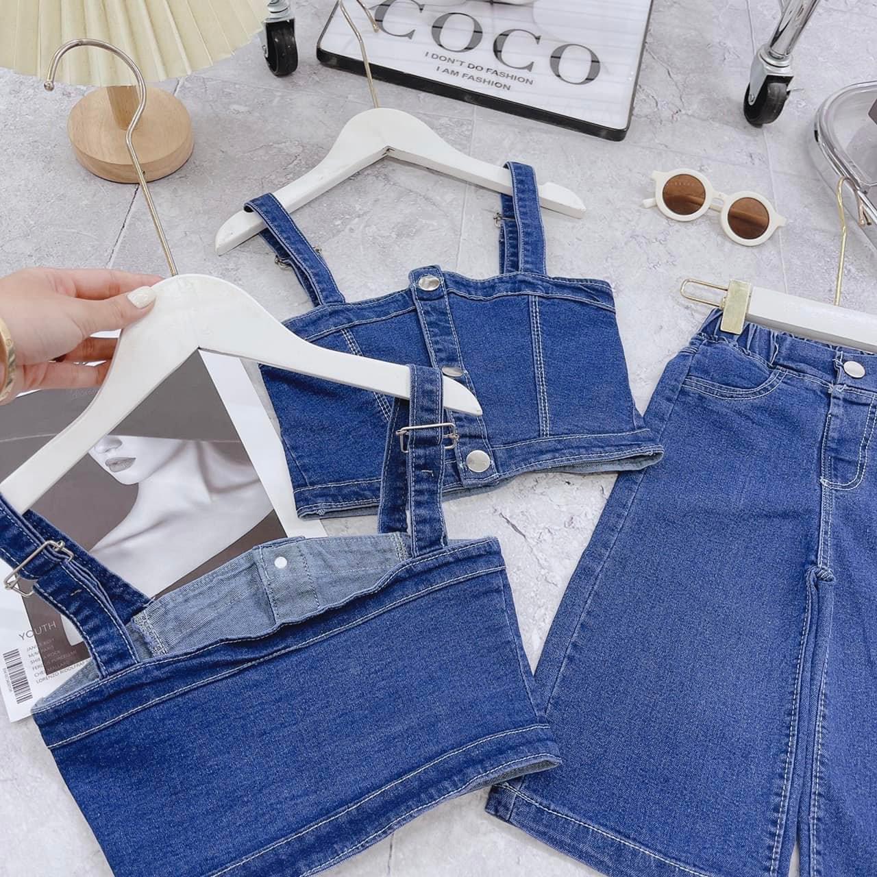 Shop bii house : set jean siu chất với áo 2 dây thiết kế chanh xả phối quần jean suông cho gái iu siu xịn xò
