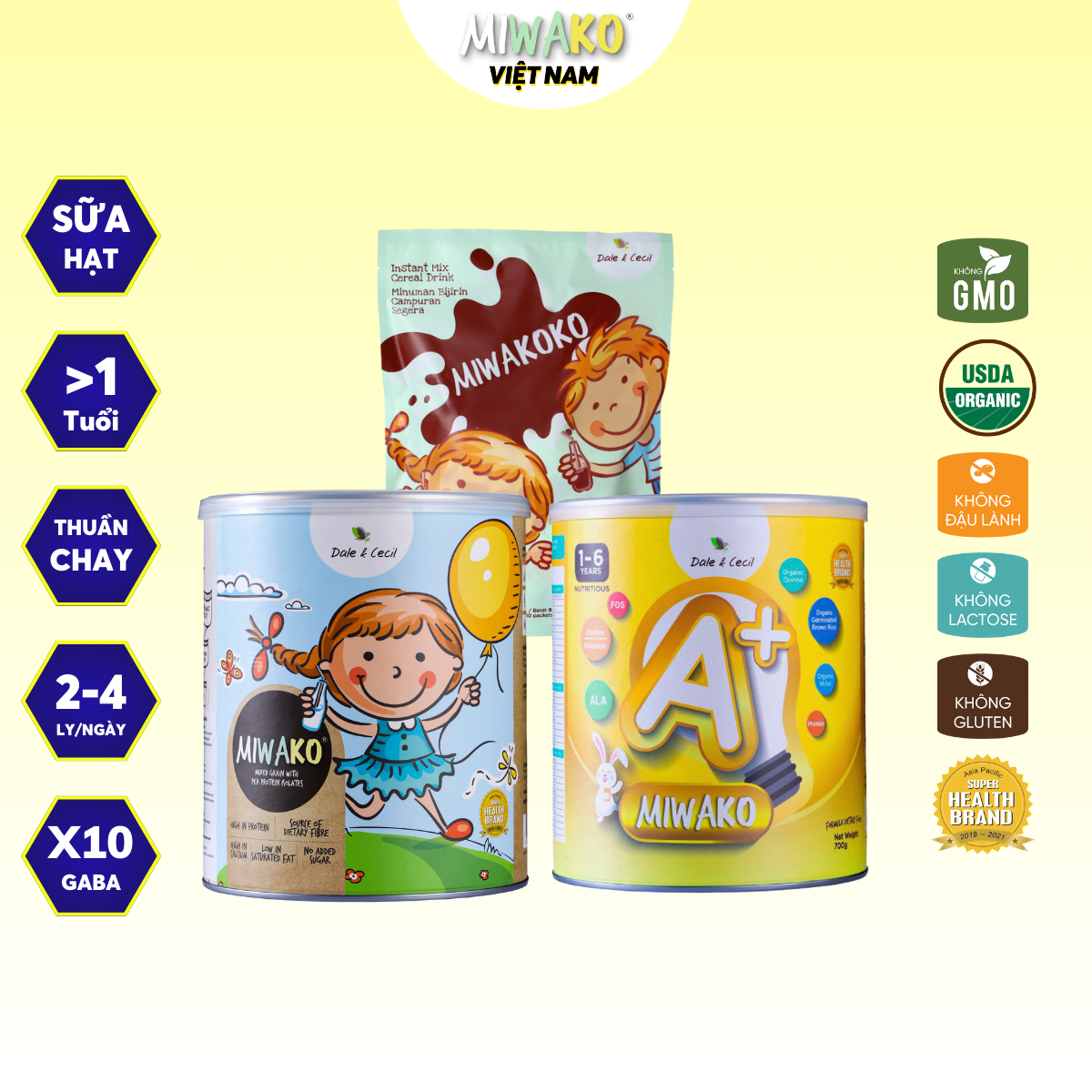 Sữa Miwako A+ Vị Vani, Miwako Vị Gạo và Miwakoko Vị Cacao Hộp 700g, Túi 300g, Bổ Sung Dinh Dưỡng Hoà