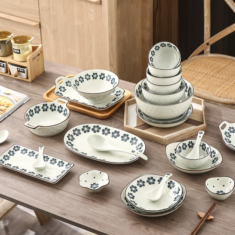 Bộ bát đĩa chén đĩa Gosu cao cấp họa tiết hoa xanh men sáng đẹp