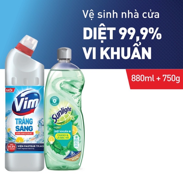 Combo Gel tẩy bồn cầu nhà tắm VIM trắng sáng chanh sả + Nước rửa chén SUNLIGHT chanh bạc hà