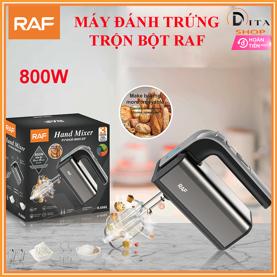 Máy đánh trứng, trộn bột RAF 800W siêu khỏe, 5 tốc độ. Máy đánh trứng cầm tay công suất lớn có thể trộn bột, đánh trứng, trộn kem bảo hành 12 tháng