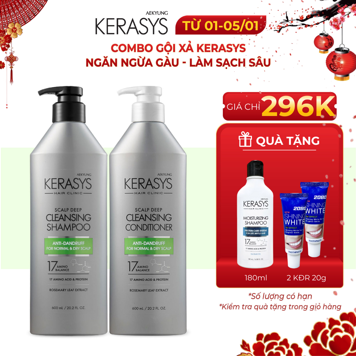  Cặp dầu gội xả Kerasys Scalp Deep Cleansing Hàn Quốc ngăn ngừa gàu làm sạch sâu 600ml 