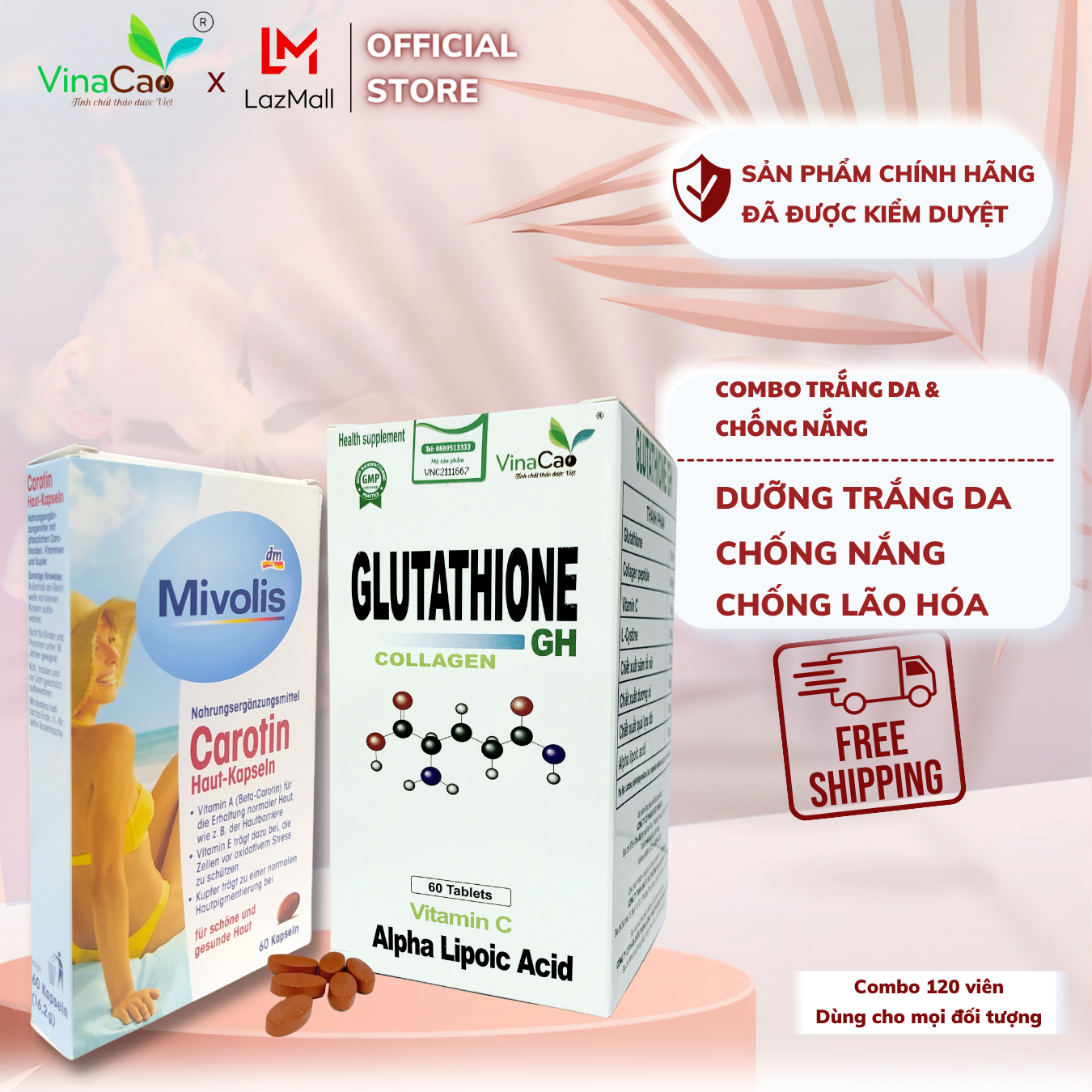 (120 viên) Combo viên trắng da và chống nắng toàn diện gồm Glutathione Collagen GH 600mg và Mivolis 