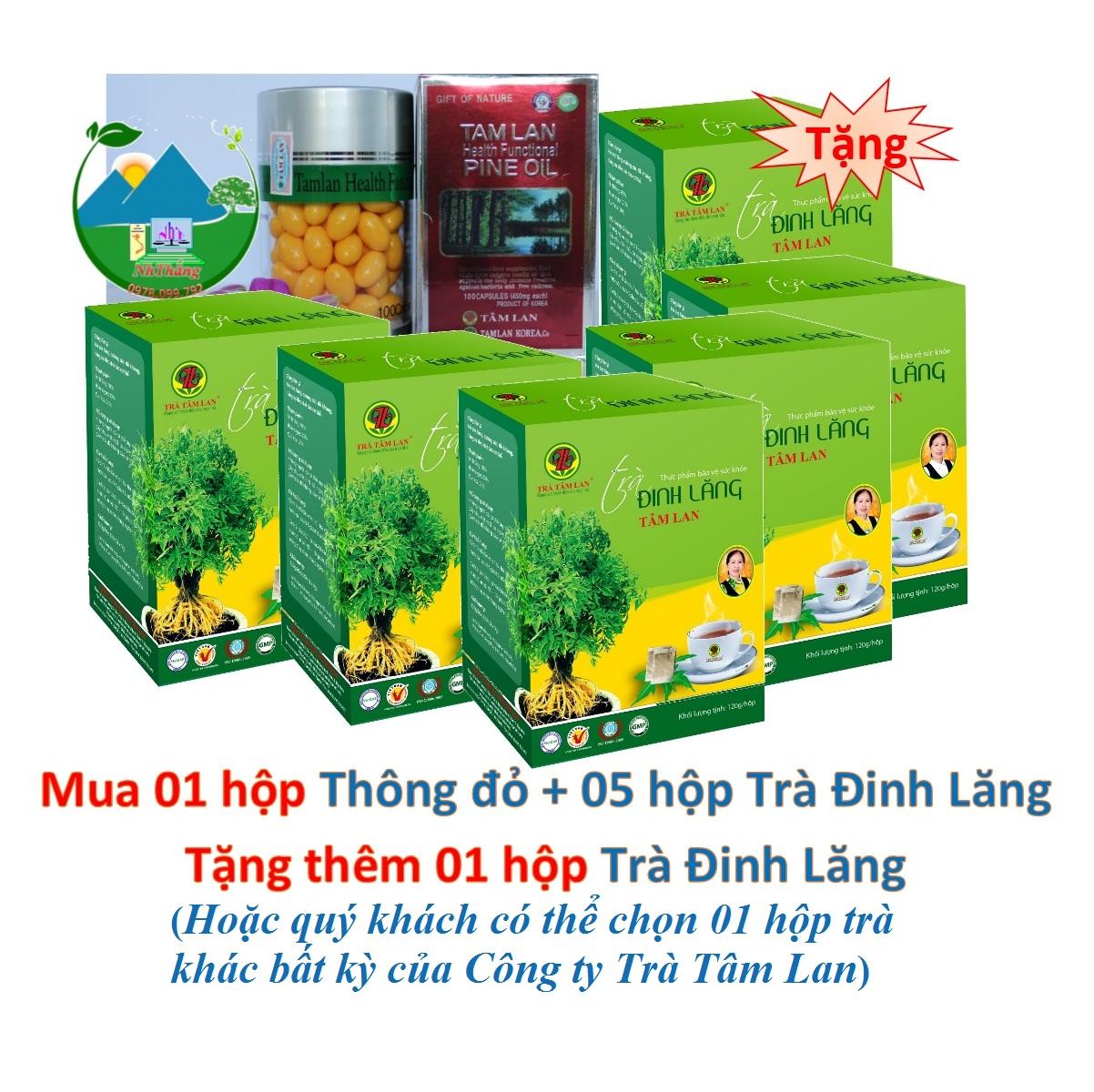 Cb: 01 tinh dầu thông đỏ tâm lan 100 viên/hộp và 05 hộp trà đinh lăng tâm lan 30 túi/hộp, khuyến mãi tặng thêm 01 hộp trà đinh lăng tâm lan