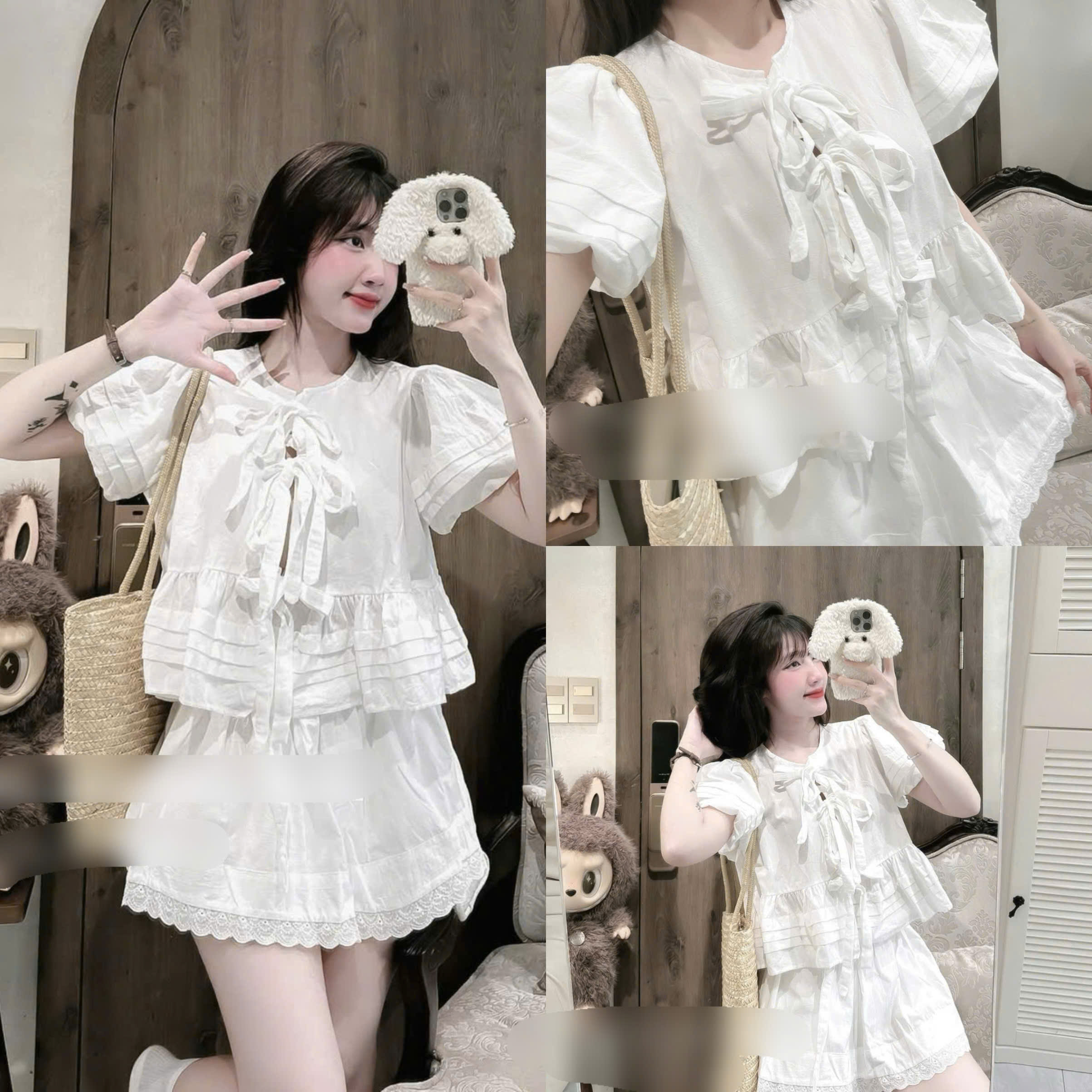 Set váy ngắn cao cấp thời trang nữ chất Lụa mềm vải thoải mái tay ngắn cổ tròn dây buộc nơ mix chân váy dáng xoè