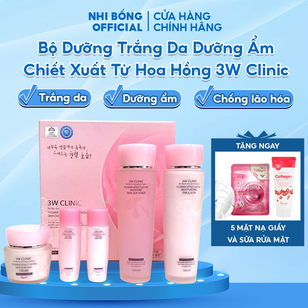 Bộ Skincare Dưỡng Da 3W Clinic Hàn Quốc chiết xuất từ Hoa Hồng giúp trắng da chống lão hóa dưỡng ẩm se khít lỗ chân lông