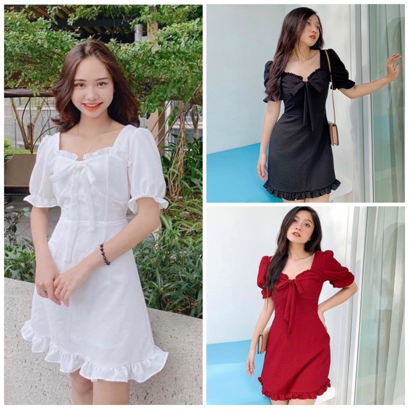 Đầm viền bèo nơ cổ 3 màu
