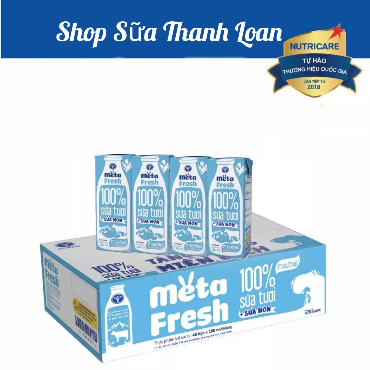 (HSD T5-2025) Thùng 48 Hộp Sữa Tươi Nutricare Meta Fresh Ít Đường 180ml.