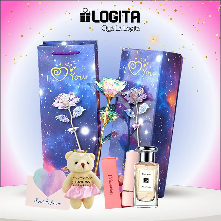 Quà Valentine 2023 Ý Nghĩa Tặng Bạn Gái - Combo Hoa Hồng Galaxy Phát Sáng + Thiệp + Gấu Nhỏ + Nước Hoa + Son