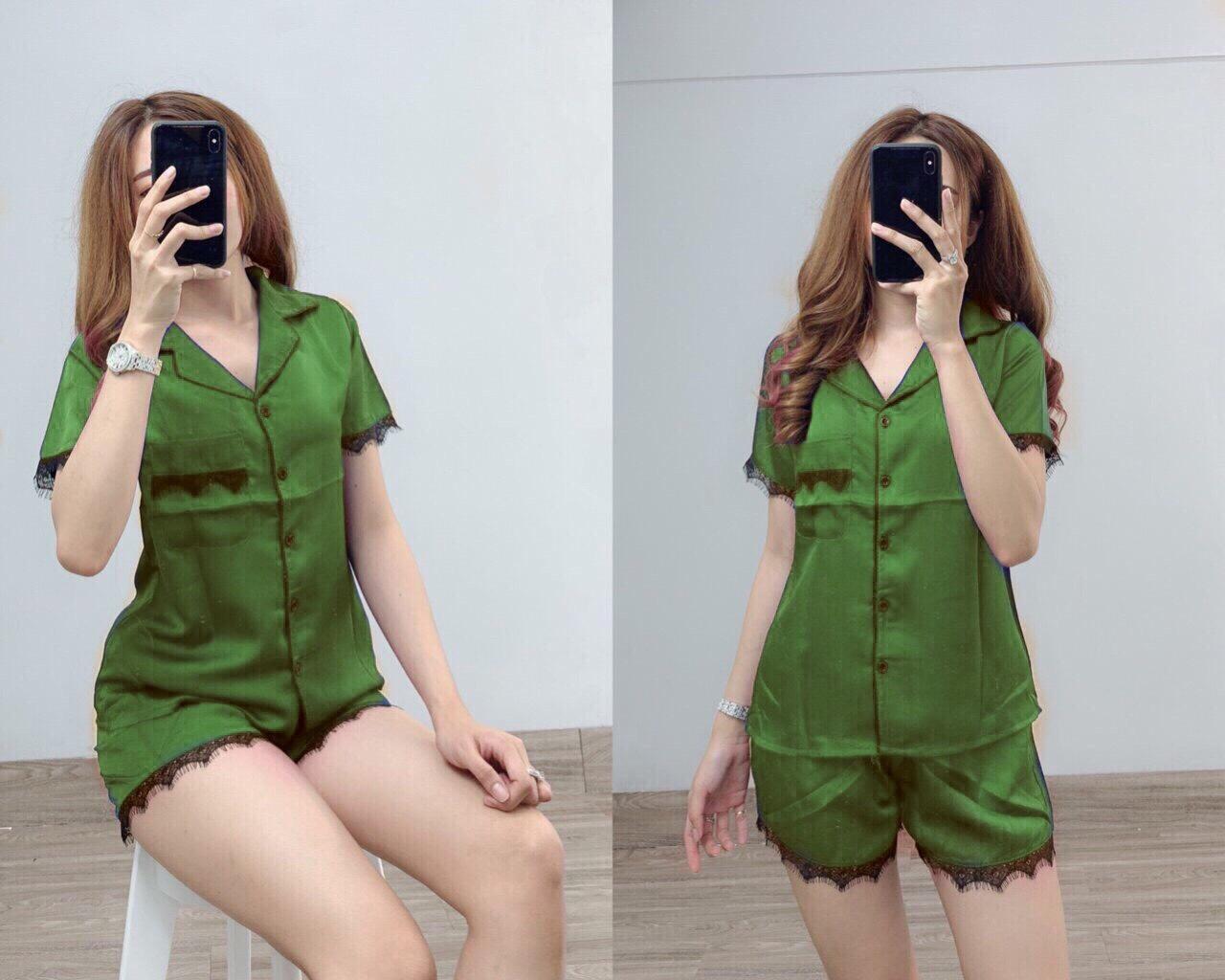 Set Đồ Bộ Nữ Pijama Tay Ngắn Quần đùi Phi Lụa Phối Ren Đen Siêu Sang