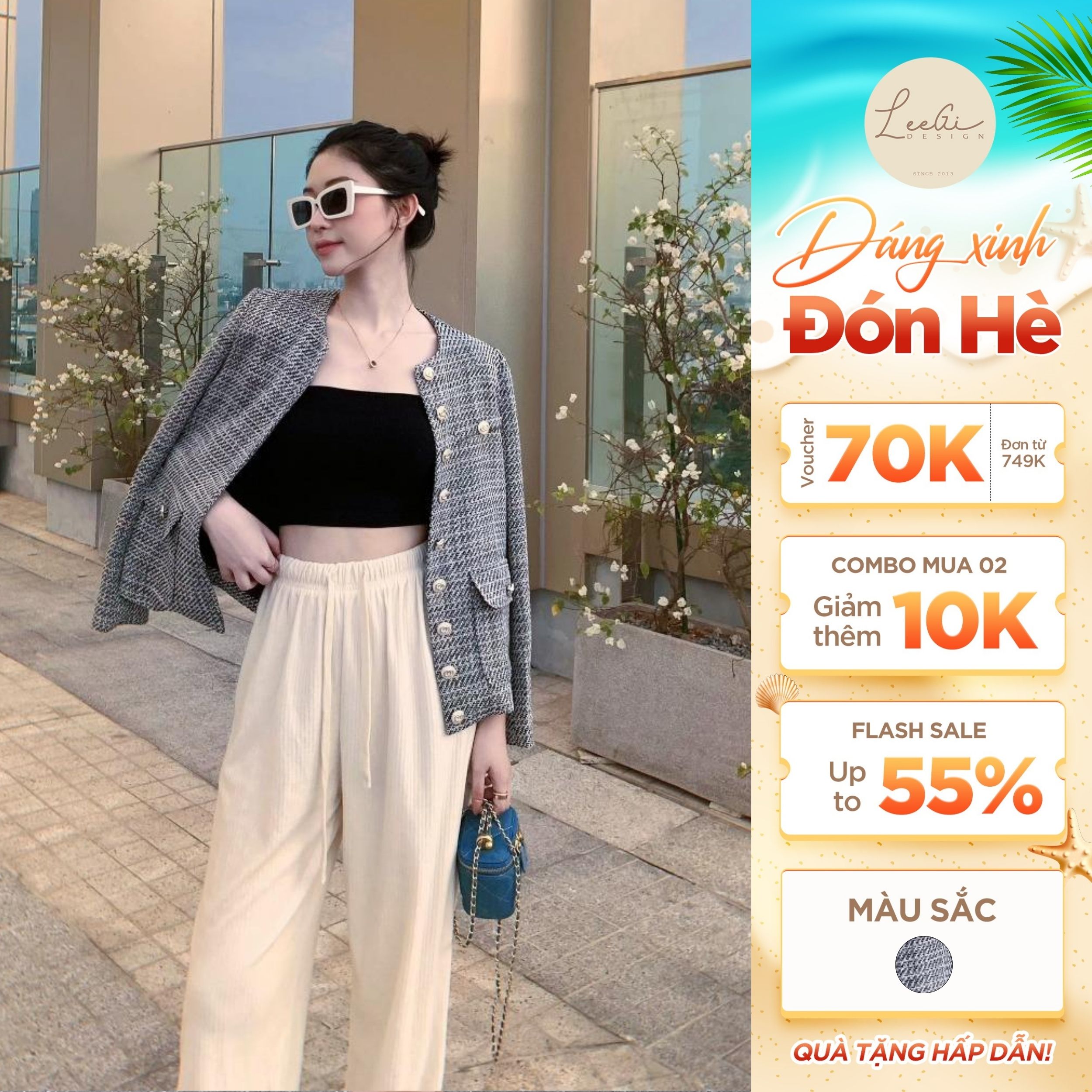 Áo vest dạ tweed phối túi hộp ghi nữ Leegi Design chất liệu vải dạ tweed cao cấp Min6905